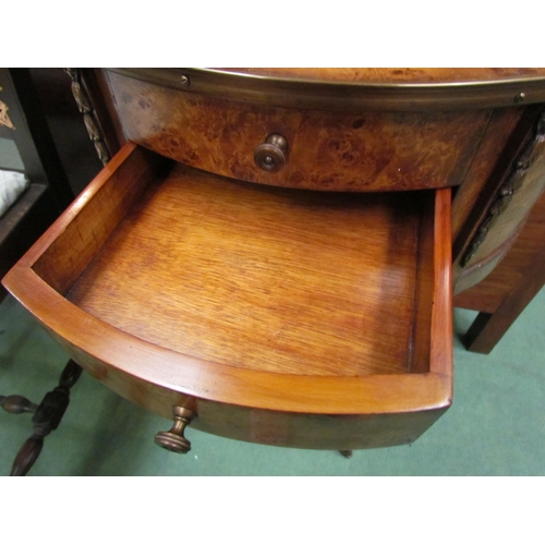 4111 - A French 19th Century style burr walnut and brass demi-lune hall table with three drawers over cabri... 