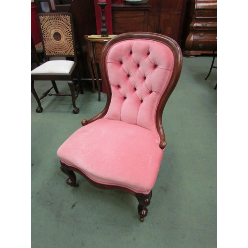 4112 - Circa 1850 a walnut spoon back armchair with pink upholstery the deep button back rest over a serpen... 