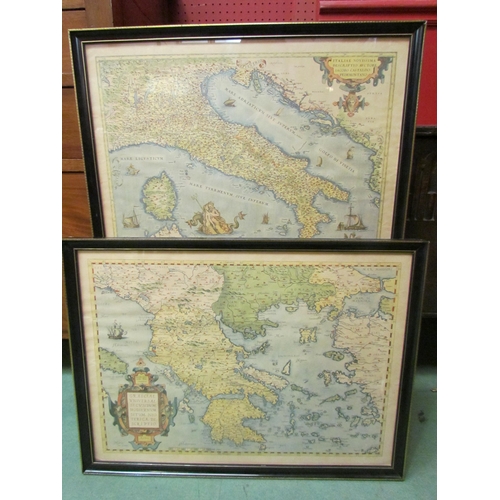 4123 - Two coloured map prints depicting mainland Greece and Islands and Italy, framed and glazed, both 35c... 