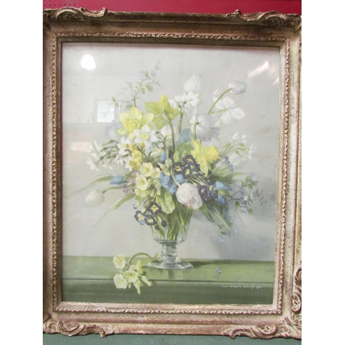 4129 - After Vernon Ward, a still life print of vase of flowers entitled spring colour, 58cm x 47cm in vint... 