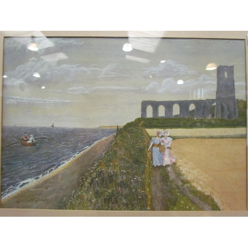 4138 - A naïve oil of a Suffolk coastal scene, framed and glazed, 34cm x 60cm image size