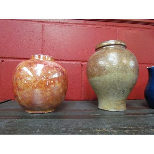 4142 - Five mixed jugs and vases including Victorian glass vase, stoneware vase, speckled blue jug