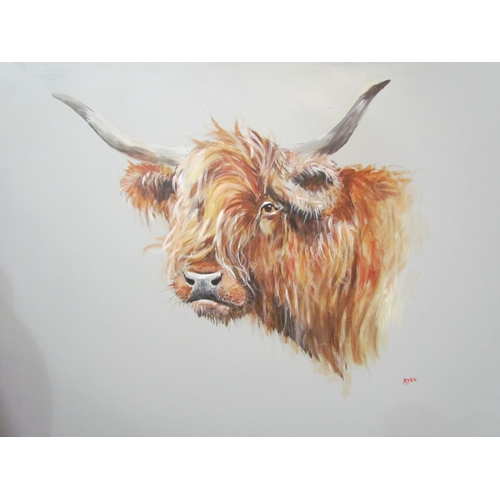 4144 - RYAN: Acrylic on canvas, a Highland bull, signed lower right, unframed, 57cm x 77cm