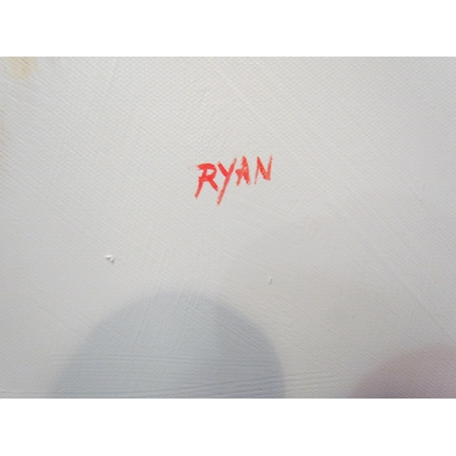 4144 - RYAN: Acrylic on canvas, a Highland bull, signed lower right, unframed, 57cm x 77cm