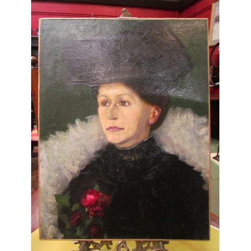 4175 - An oil on canvas depicting a Victorian/Edwardian portrait of a lady in black with dignified mournful... 