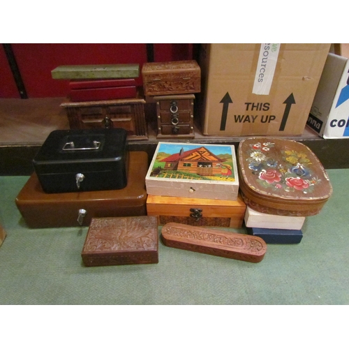 4243 - A mixed box, carved wooden boxes, jewellery boxes, cutlery including silver handled example, walking... 