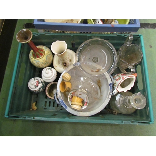 4247 - Two crates containing mainly jardinieres, glassware and a Doulton slender neck vase