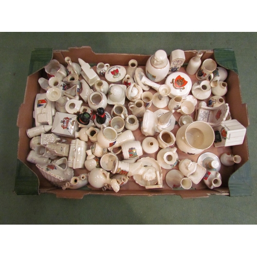 4251 - A box of Goss and similar crested china over 80 pieces including tank, kitchener, bust, Egyptian jar... 