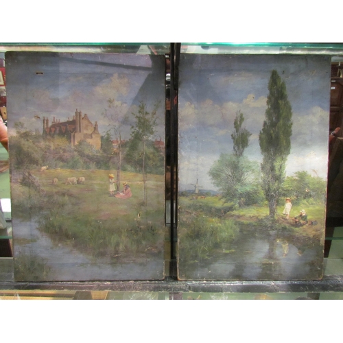 4262 - Two oils on canvas depicting rural river scenes in summr with a terrace of houses, trees and figures... 