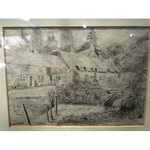 4264 - A pen and ink drawing of cottages with stream to foreground. Indistinctly signed lower right, water ... 