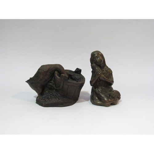 4265 - A cold cast bronze figure of a young girl with kittens, together with a figure of a Goose feeding