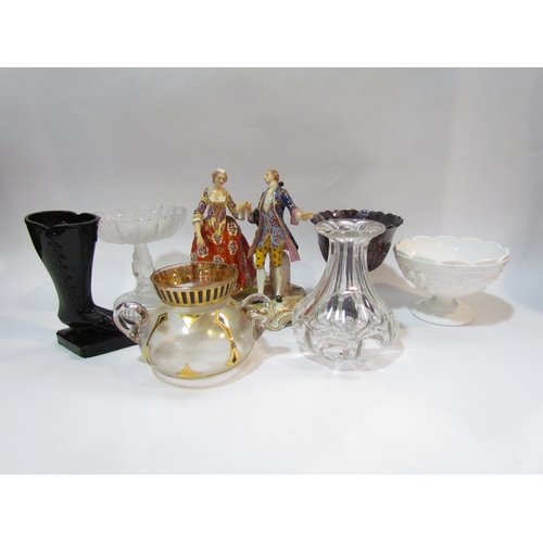 4268 - Six pieces of Victorian glass including Davidson's Pressed Glass and a continental porcelain figural... 