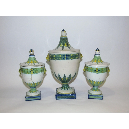 4278 - A trio of French faience glazed pottery lidded pots, fruiting foliate design, cockerel and F marked ... 