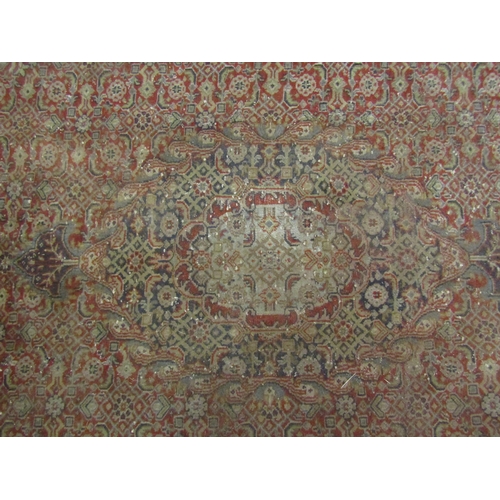 4470 - A red and blue ground rug with classical design, a/f, 303cm x 201cm, torn and stained