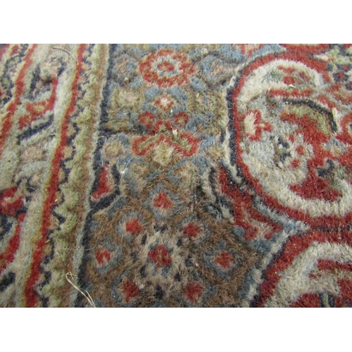 4470 - A red and blue ground rug with classical design, a/f, 303cm x 201cm, torn and stained