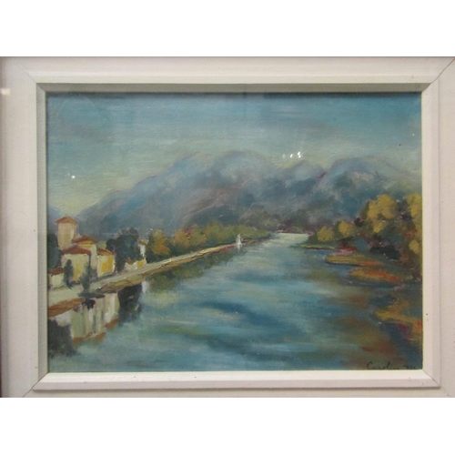 1016 - CAROLINE YEATS BROWN (XX): An oil of Italian riverscape, naive style, mountains to background, frame... 