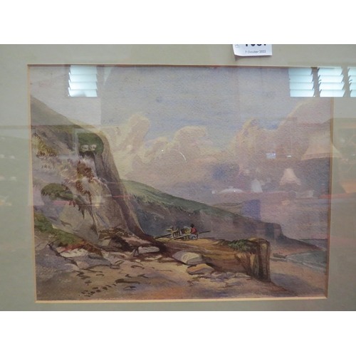 1093 - A watercolour of the North Norfolk coast, a figure sitting on a cart below coastal cliffs bedside th... 