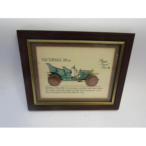 9009 - A framed and glazed Penny travel series Vauxhall 20hp 1908 Tourer. 19cm x 15.5cm     (C)