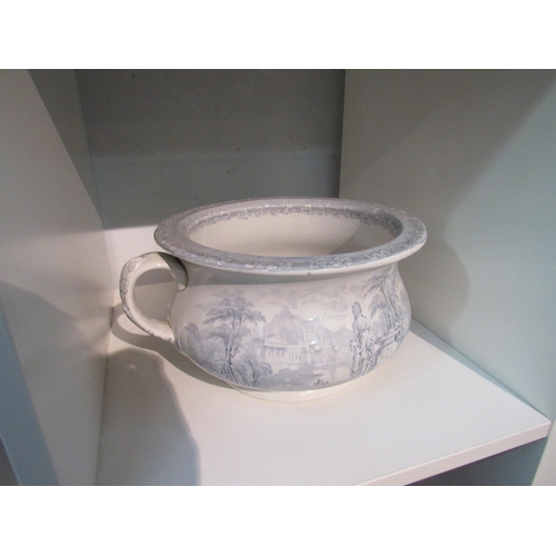 1369 - A blue and white transfer ware chamber pot together with lustre ware tea cups and saucers, etc some ... 