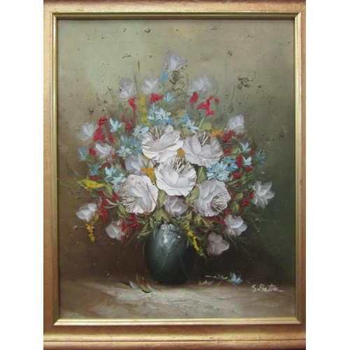 1091 - S.BARTON: Impasto oil on canvas, a large display of coloured flowers in a vase, signed lower right, ... 