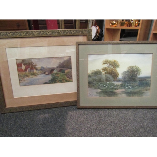 1096 - Two rural watercolours, a mid 20th Century watercolour of a lilly pond, monogram MEM lower left, 22 ... 