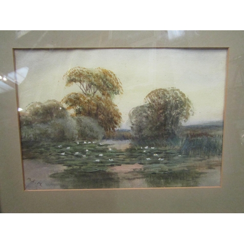 1096 - Two rural watercolours, a mid 20th Century watercolour of a lilly pond, monogram MEM lower left, 22 ... 