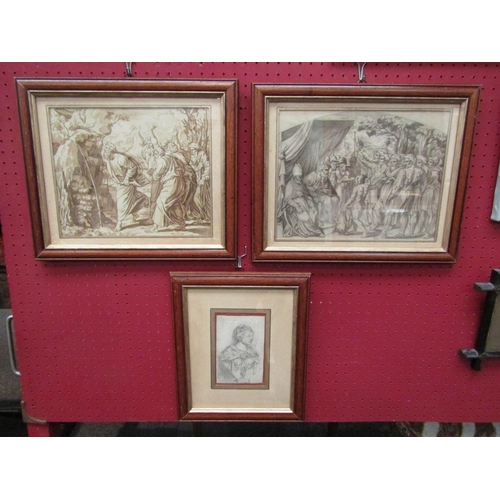 1099 - Three framed and glazed drawings including religious scenes and bust