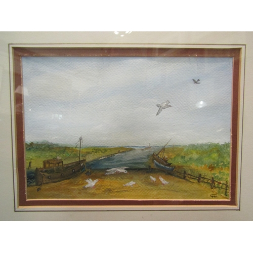 1123 - Shoreline boats through the gap, watercolour, initialled lower right, framed and glazed, 20cm x 29cm... 