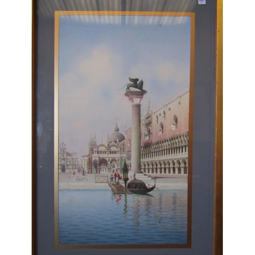 1132 - UMBERTO ONGANIA : A watercolour of Venetian scene with Palazzo Ducale to right, signed lower right, ... 