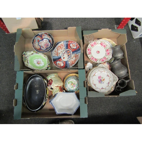 1254 - Three boxes containing Japanese Imari, Art Deco ceramics etc