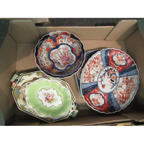 1254 - Three boxes containing Japanese Imari, Art Deco ceramics etc