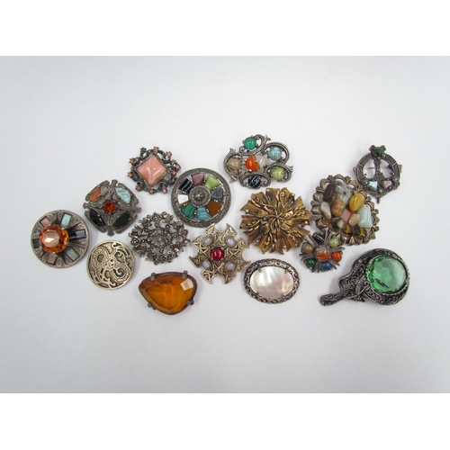 1302 - Fifteen brooches including Scottish hardstone examples, 