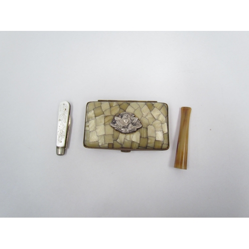 1307 - A shell and brass cigarette case with flapper girl design to front, a cheroot holder and silver blad... 