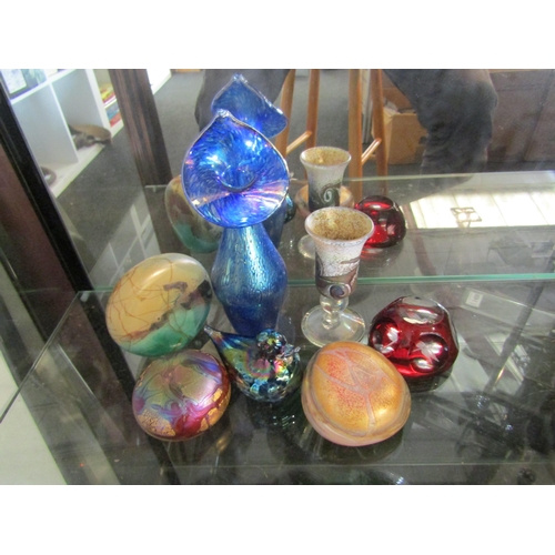 1407 - Seven assorted glass items including paperweights, vase and duck figure