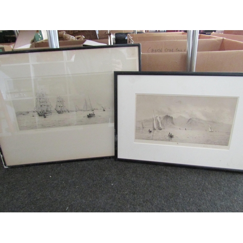 1409 - ROWLAND LANGMAID: Two black and white etchings depicting sailing vessels, both pencil signed, 18cm x... 