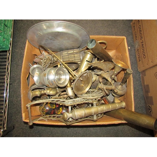 1420 - A box of brass and plated wares including shell cases, canon etc