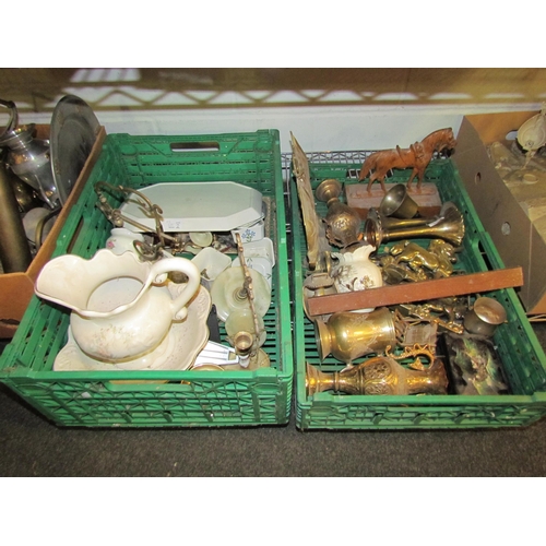 1421 - Two mixed boxes containing ceramics and brass, wash jug, scales and door stops etc