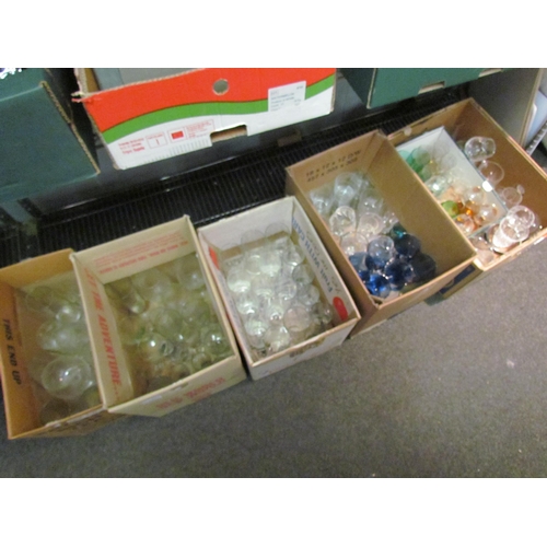 1446 - Five boxes of mixed glassware, coloured glass, wine glasses, etc