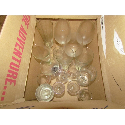 1446 - Five boxes of mixed glassware, coloured glass, wine glasses, etc