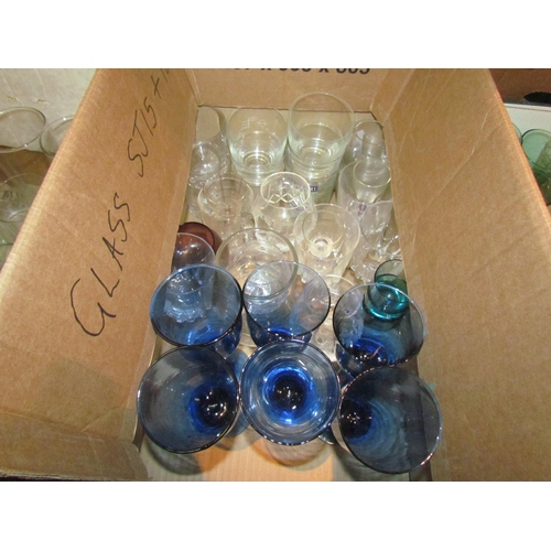 1446 - Five boxes of mixed glassware, coloured glass, wine glasses, etc