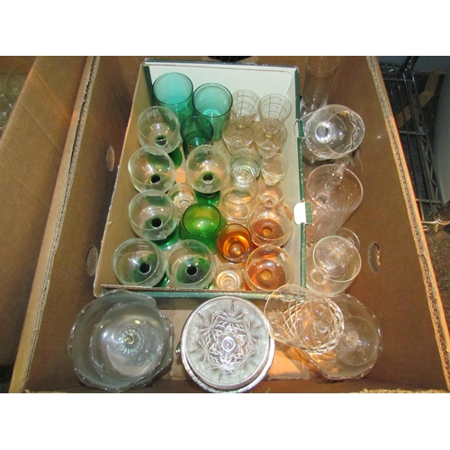 1446 - Five boxes of mixed glassware, coloured glass, wine glasses, etc