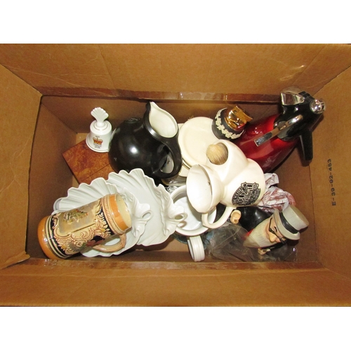 1462 - A box containing smoking and drinking related items including BOC soda syphon, a vintage advertising... 