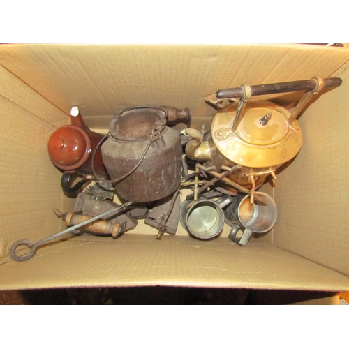 1466 - A box of bygone items including irons, spirit kettle on stand, tankards etc