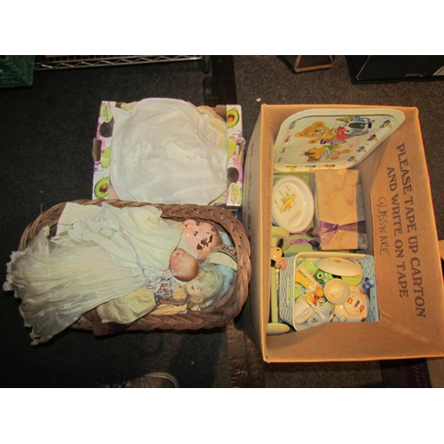 1467 - A box of vintage games, dominoes, jigsaw puzzle, childs teaset, Mabel Lucie Atwell baby dish 