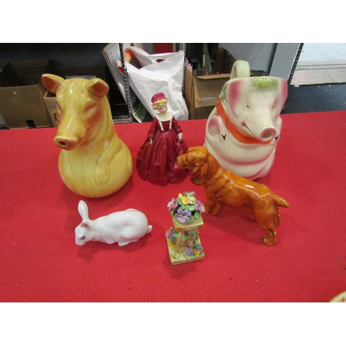 1486 - Two pig jugs, a Doulton Red Setter dog figure, a Georg Jensen rabbit etc. (6)   (E) £10-15