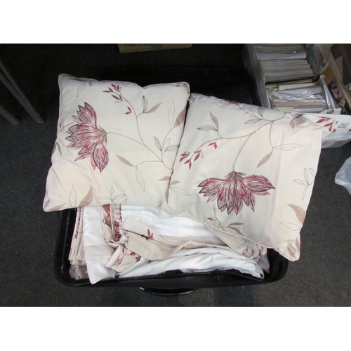 1495 - A pair of floral print lined full length curtains plus a pair of window length, tie backs and two cu... 