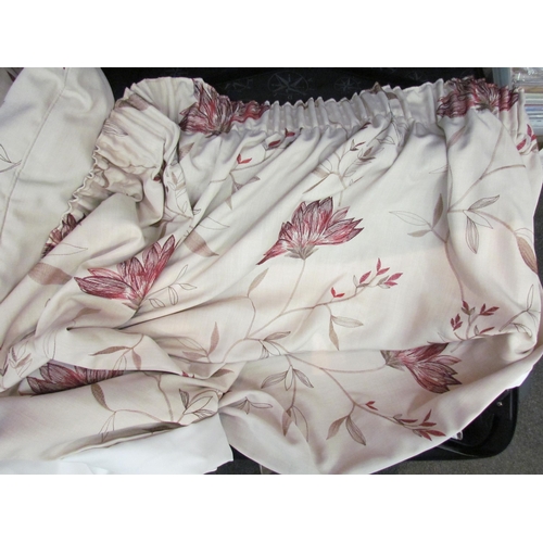 1495 - A pair of floral print lined full length curtains plus a pair of window length, tie backs and two cu... 