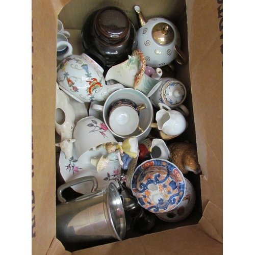 1498 - Three boxes containing jugs, bowls, ginger jar, glasses, a bottle, etc