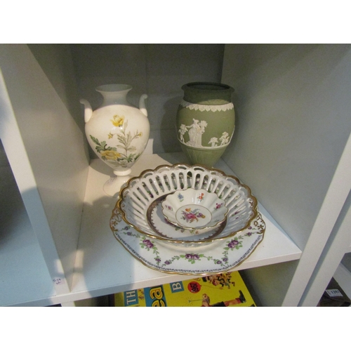 1372 - A Wedgwood Jasperware vase, Golden Glory vase, Dresden basket and Spode plate (5)   (E) £15-20