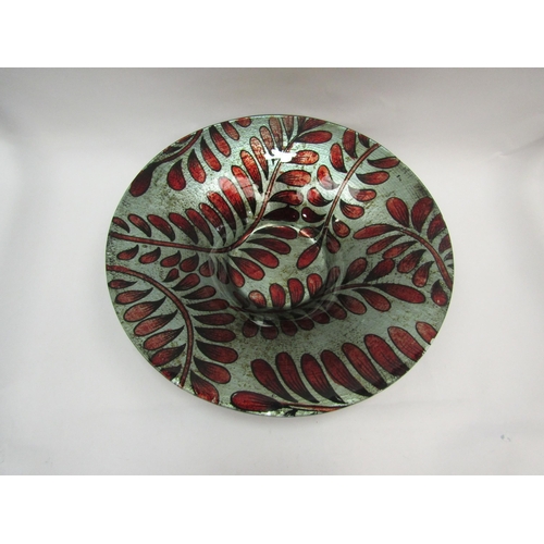 1051 - A vintage style art glass table centrepiece bowl with red foliate design on a silvered ground, 43cm ... 